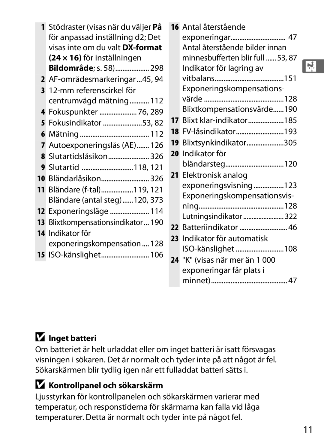 Nikon D700 manual Inget batteri, Kontrollpanel och sökarskärm 