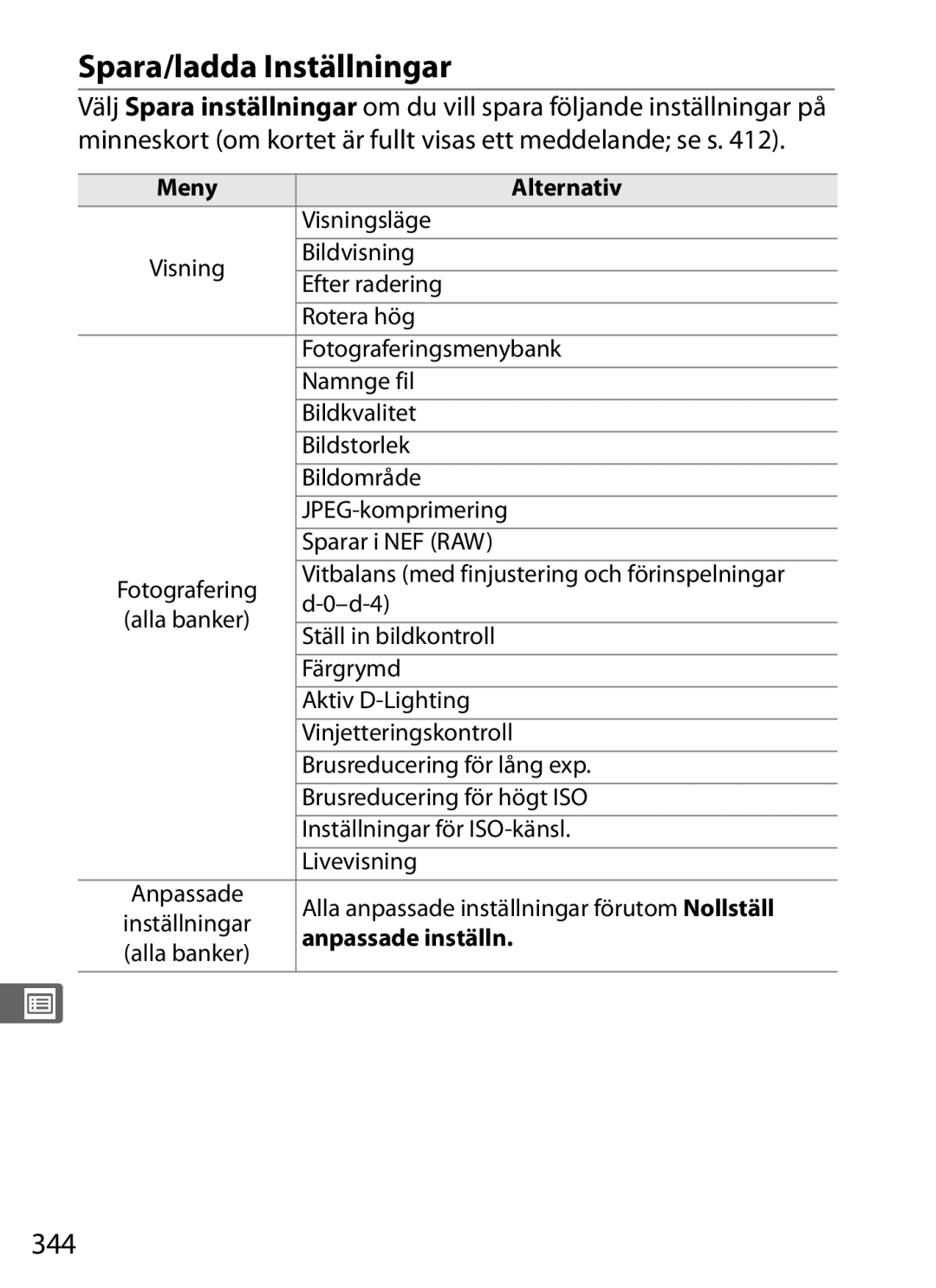 Nikon D700 manual Spara/ladda Inställningar, 344, Anpassade inställn 