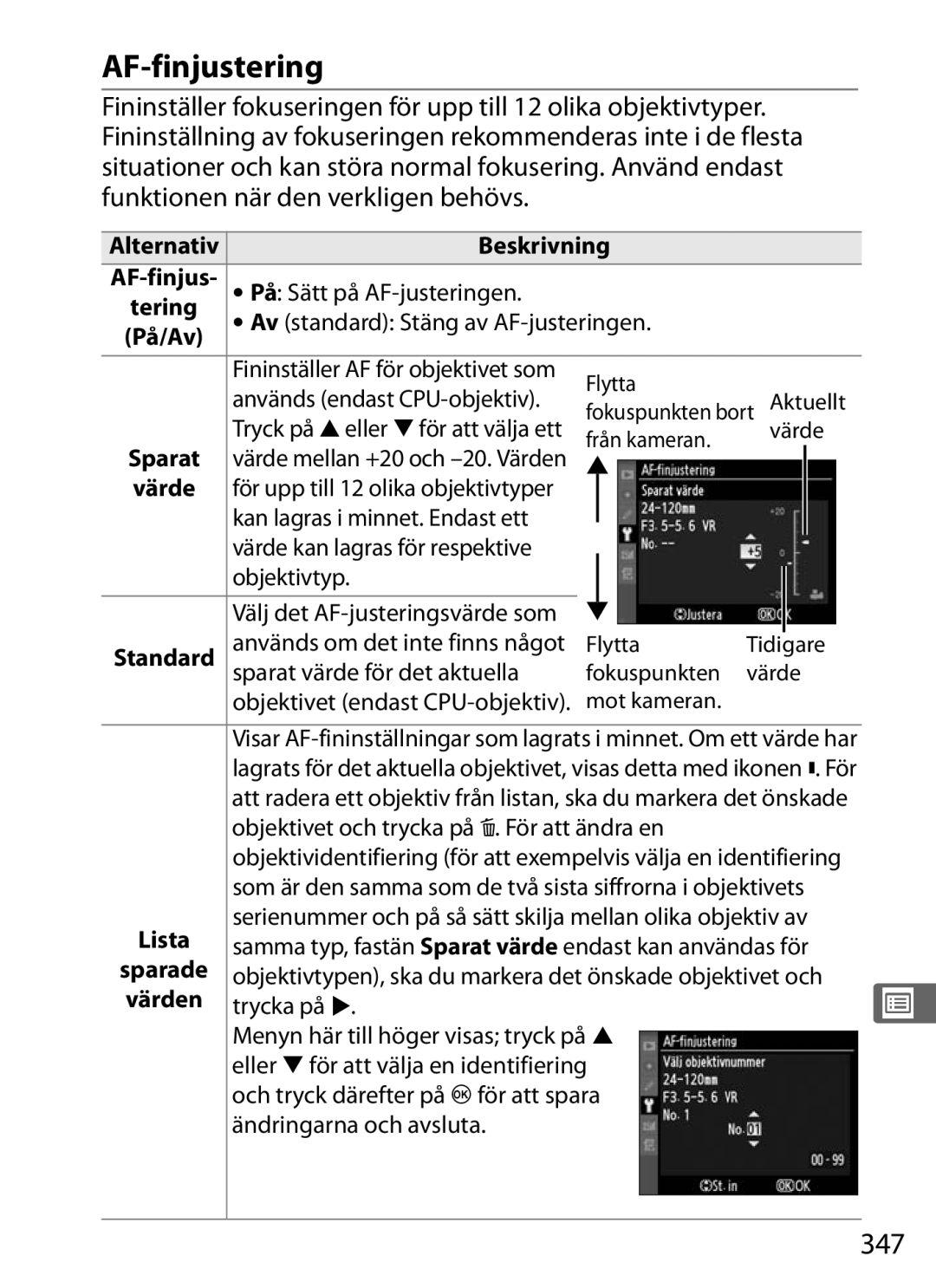 Nikon D700 manual AF-finjustering, 347, Tering, Värde 