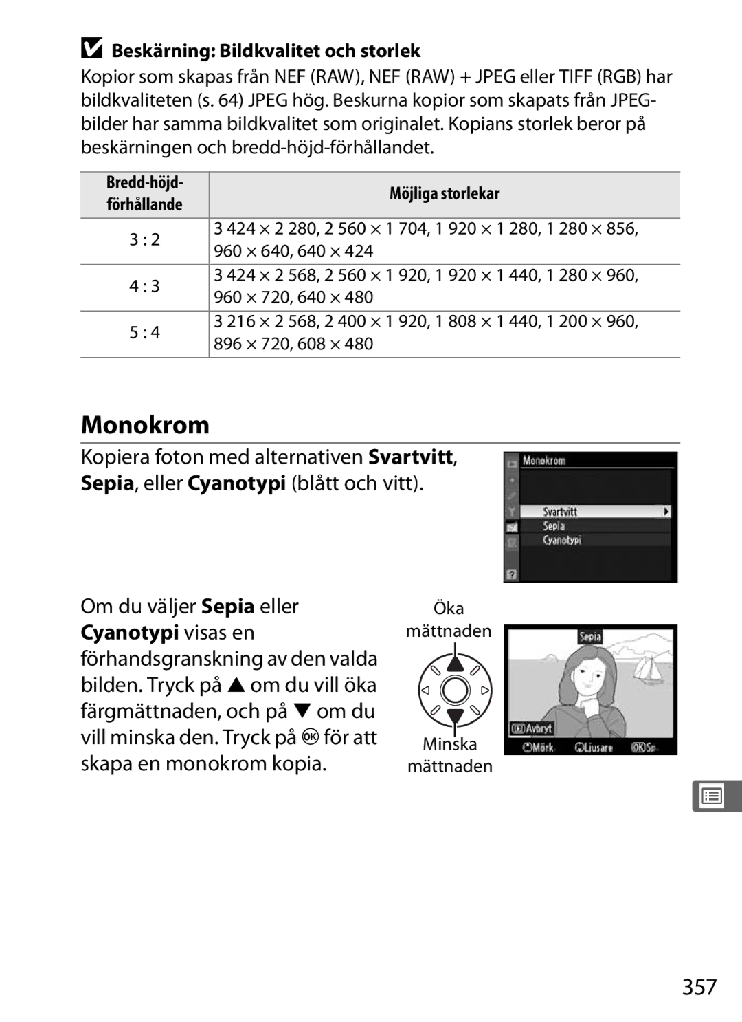 Nikon D700 manual Monokrom, 357, Cyanotypi visas en, Skapa en monokrom kopia, Beskärning Bildkvalitet och storlek 