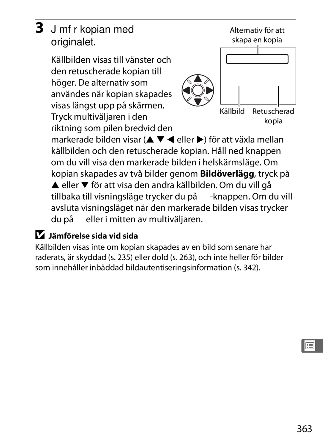 Nikon D700 manual Jämför kopian med originalet, 363, Riktning som pilen bredvid den 