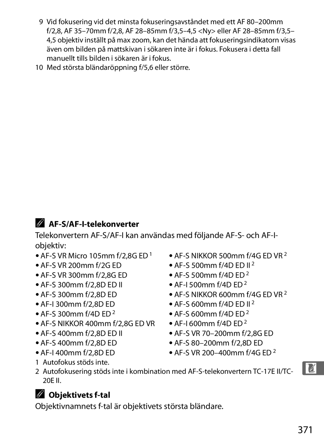 Nikon D700 manual 371, AF-S/AF-I-telekonverter, Objektivets f-tal, Objektivnamnets f-tal är objektivets största bländare 