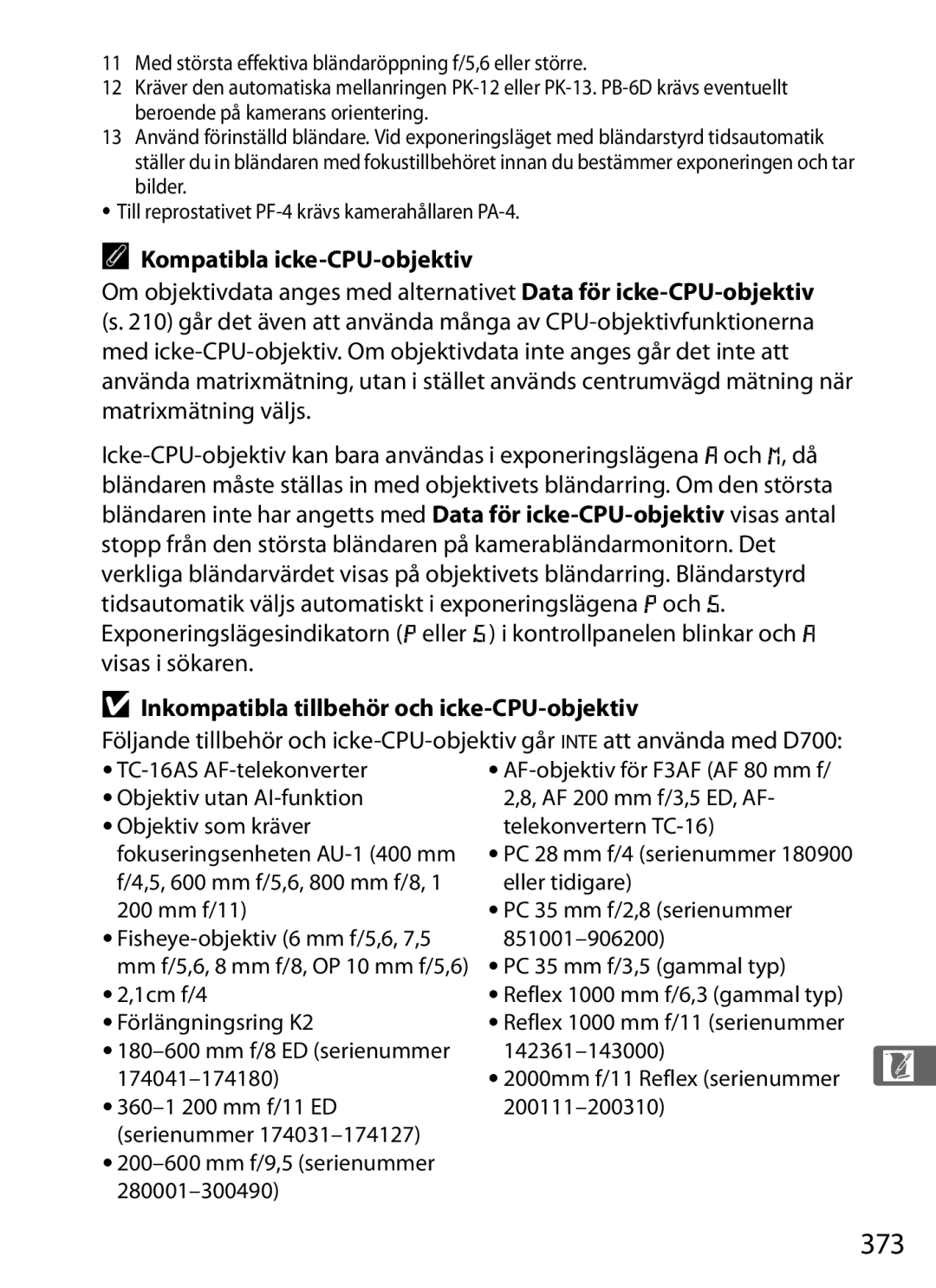 Nikon D700 manual 373, Kompatibla icke-CPU-objektiv, Inkompatibla tillbehör och icke-CPU-objektiv 