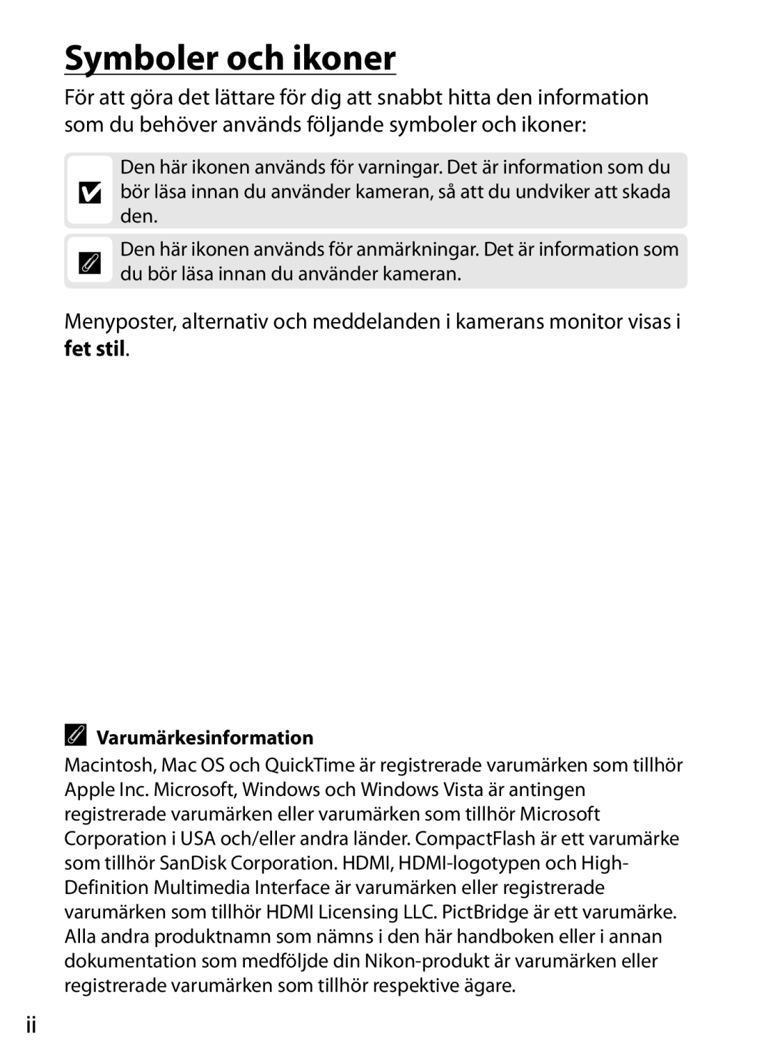 Nikon D700 manual Symboler och ikoner, Fet stil, Varumärkesinformation 