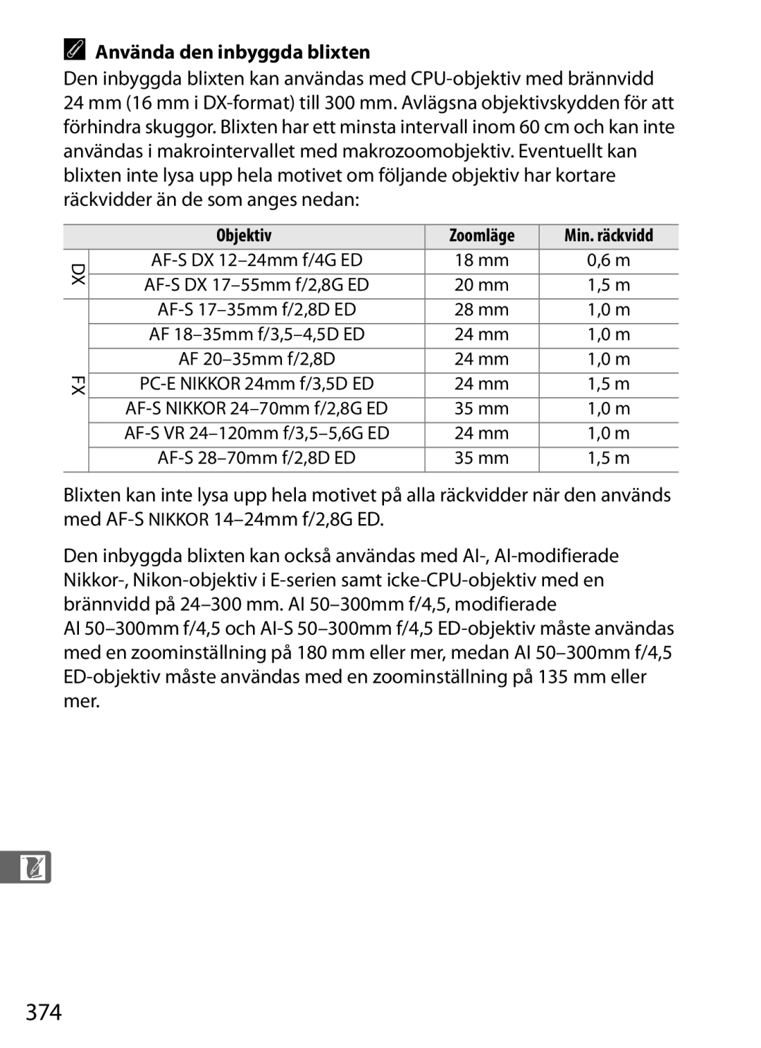 Nikon D700 manual 374, Använda den inbyggda blixten, Objektiv 