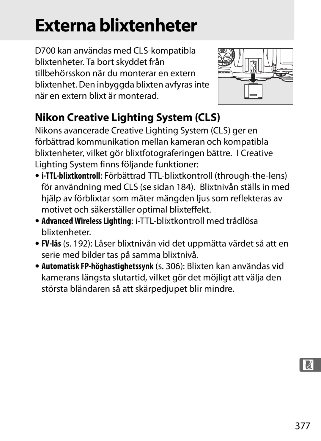 Nikon D700 manual Externa blixtenheter, Nikon Creative Lighting System CLS, 377 