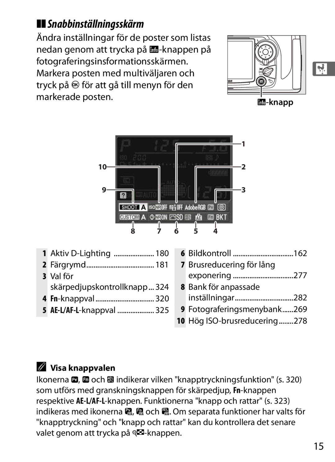 Nikon D700 manual Snabbinställningsskärm, Knapp, Visa knappvalen, Brusreducering för lång 