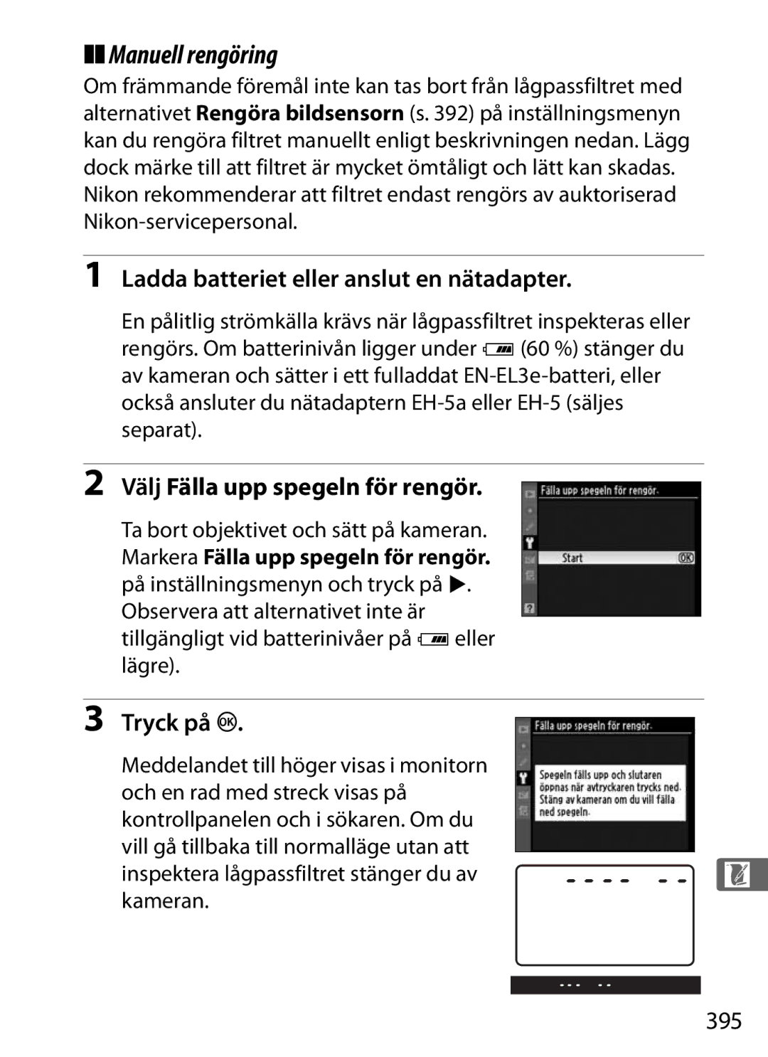 Nikon D700 manual Manuell rengöring, Ladda batteriet eller anslut en nätadapter, Välj Fälla upp spegeln för rengör, 395 