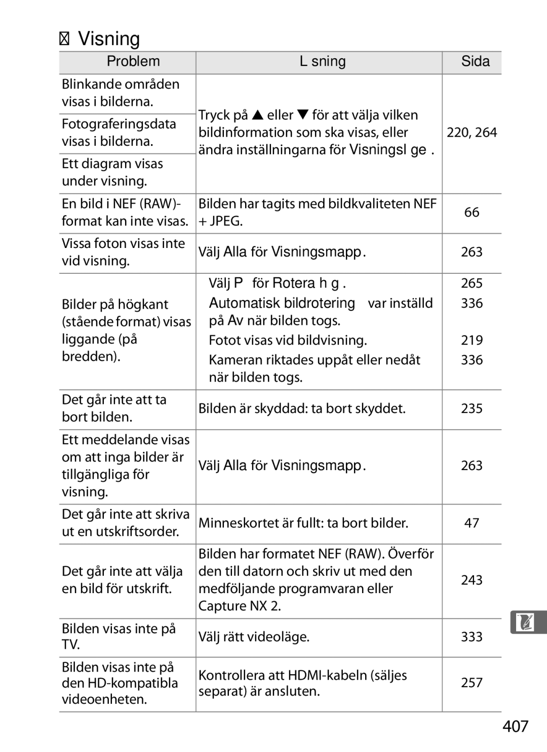 Nikon D700 manual 407, Välj Alla för Visningsmapp, Välj På för Rotera hög, Automatisk bildrotering var inställd 