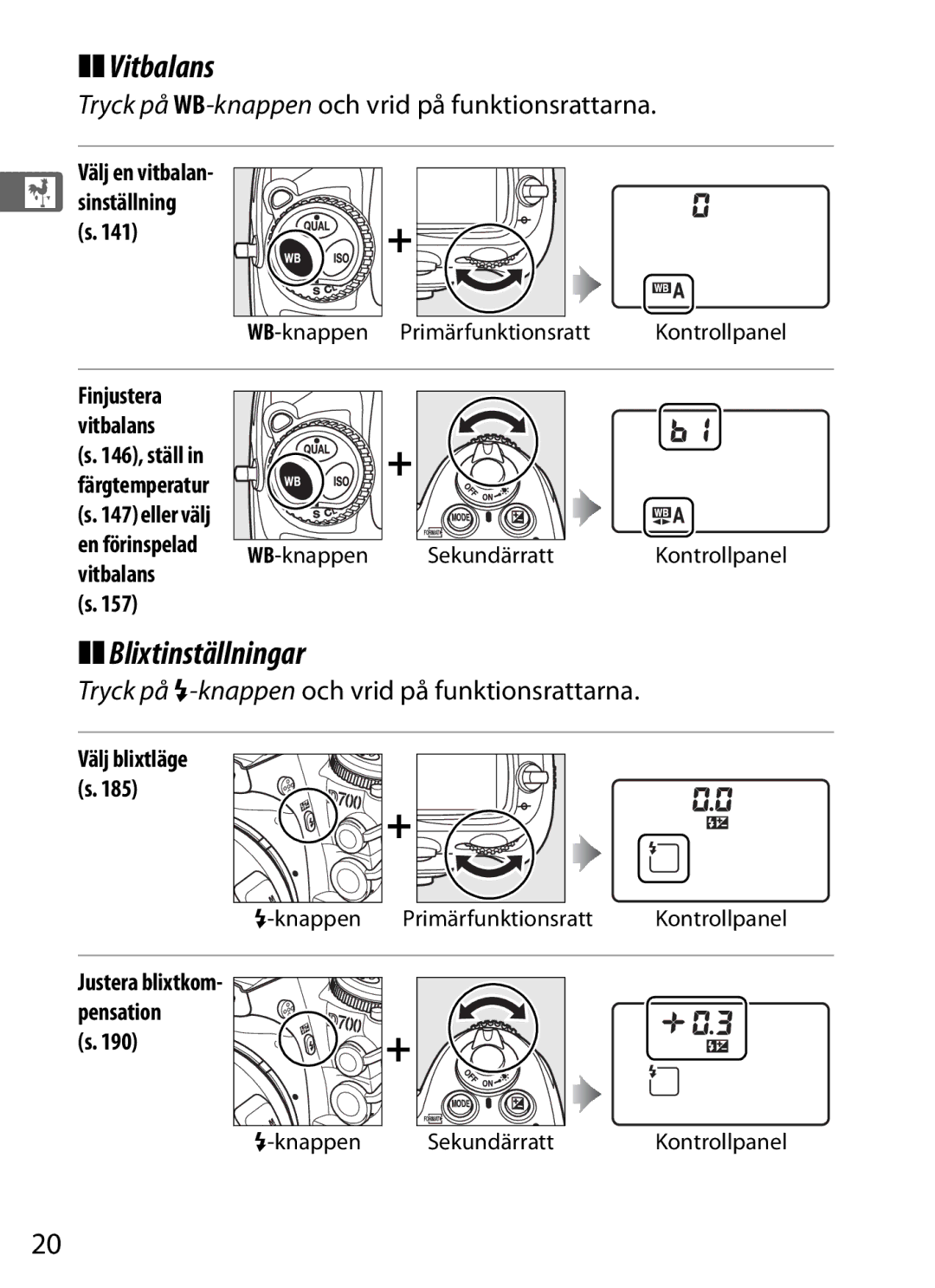 Nikon D700 manual Vitbalans, Blixtinställningar, Tryck på WB-knappenoch vrid på funktionsrattarna 