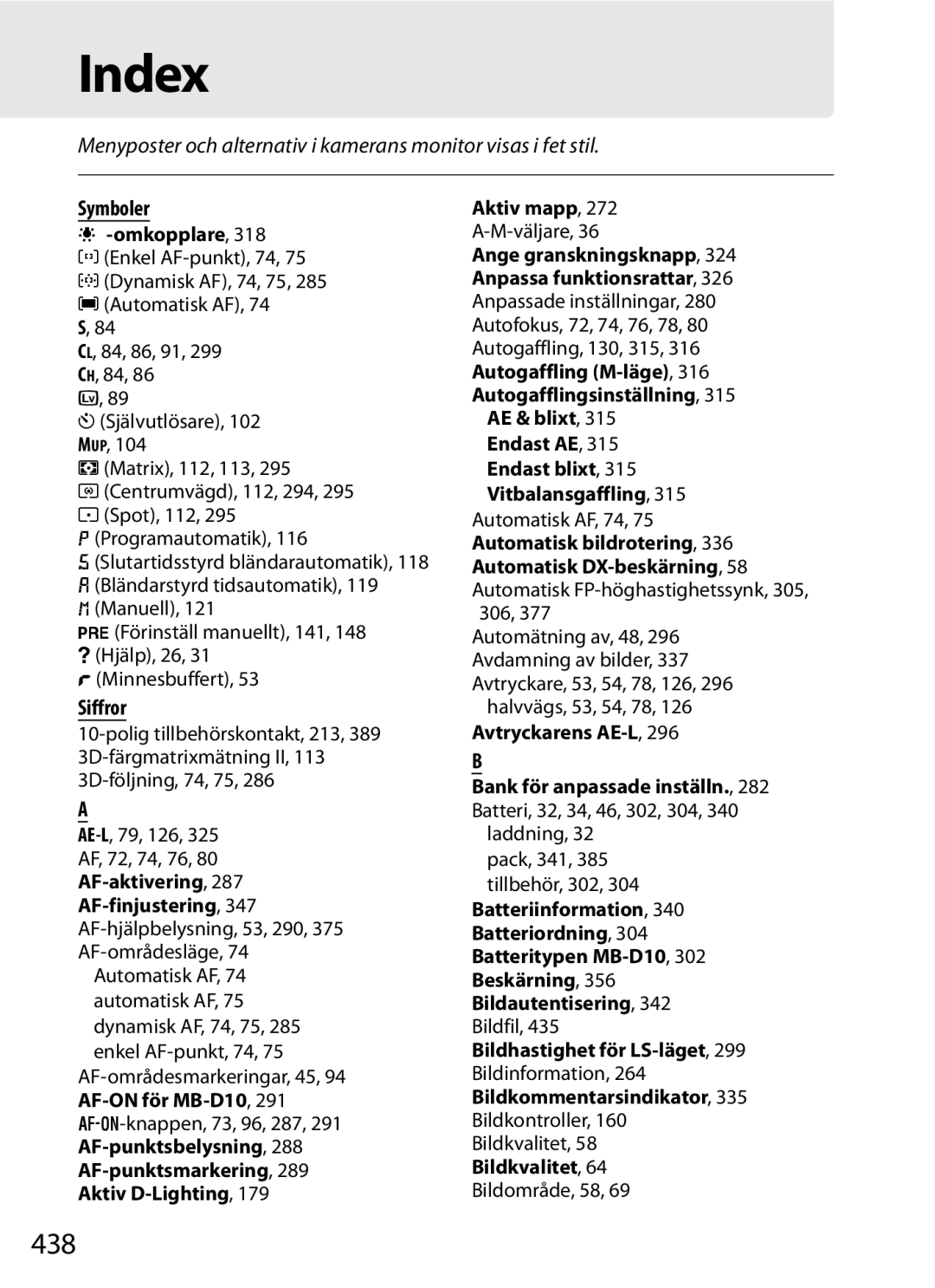 Nikon D700 manual Index, 438, Symboler, Siffror 