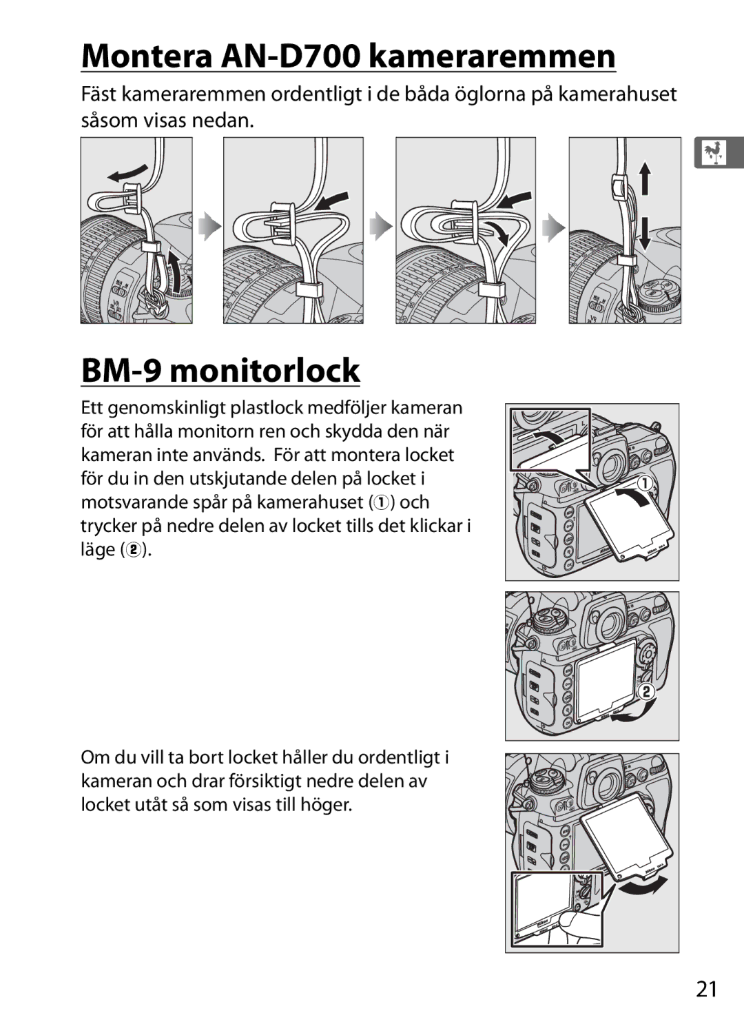 Nikon manual Montera AN-D700 kameraremmen, BM-9 monitorlock 