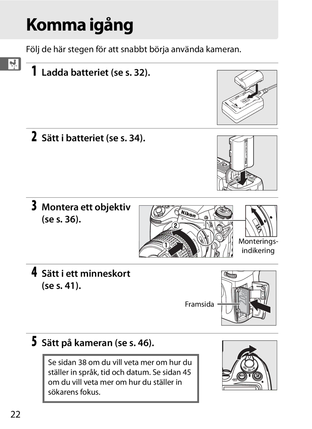 Nikon D700 manual Komma igång, Sätt på kameran se s, Följ de här stegen för att snabbt börja använda kameran 