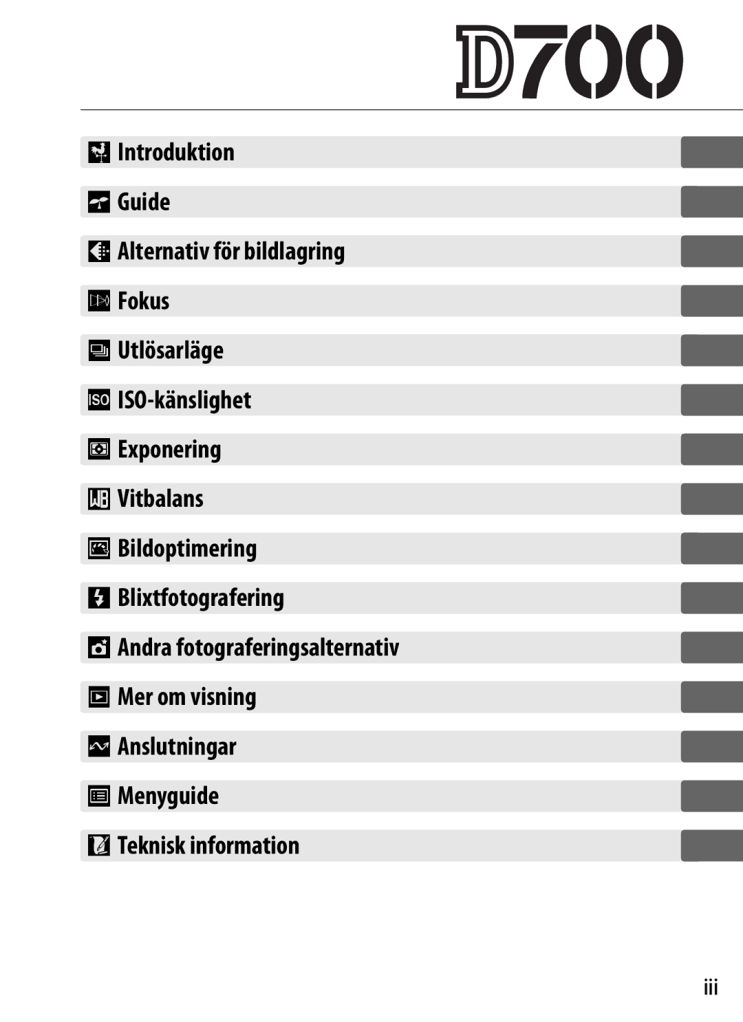 Nikon D700 manual Anslutningar Menyguide Teknisk information, Iii, Andra fotograferingsalternativ I Mer om visning 