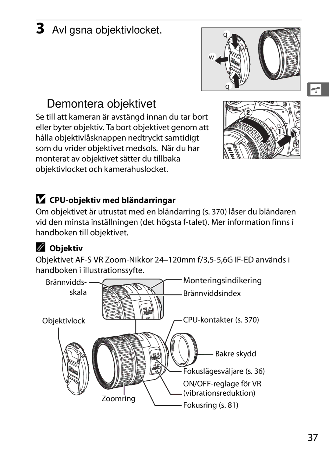 Nikon D700 manual Demontera objektivet, CPU-objektiv med bländarringar, Objektiv 