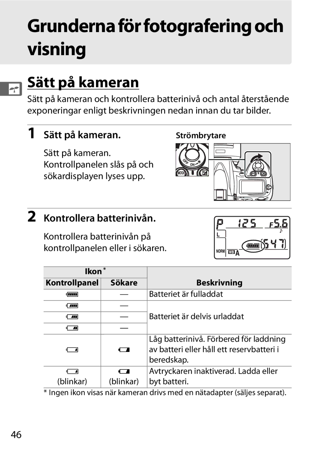 Nikon D700 manual Grunderna för fotografering och visning, Sätt på kameran, Kontrollera batterinivån 