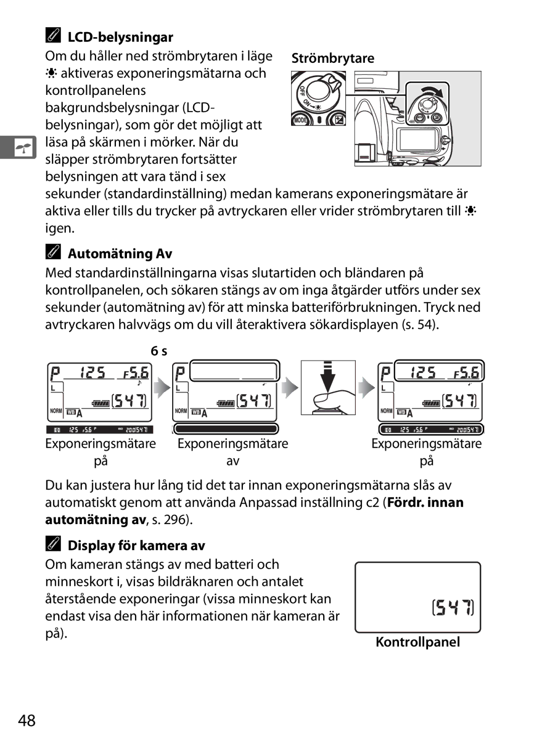 Nikon D700 manual LCD-belysningar, Automätning Av, Display för kamera av, Kontrollpanel 