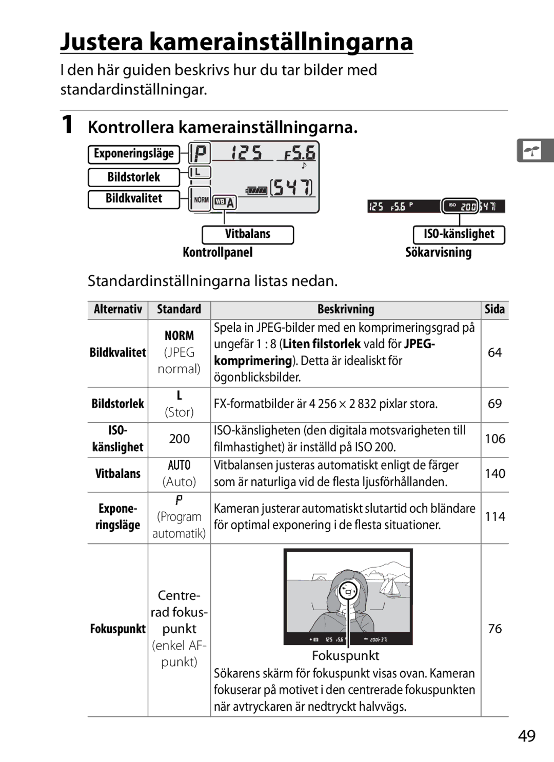 Nikon D700 manual Justera kamerainställningarna, Kontrollera kamerainställningarna, Standardinställningarna listas nedan 