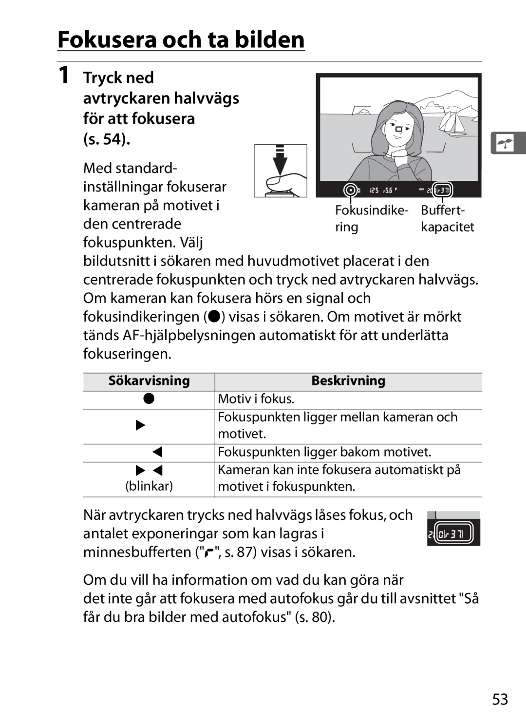 Nikon D700 manual Fokusera och ta bilden, Tryck ned avtryckaren halvvägs För att fokusera s, SökarvisningBeskrivning 