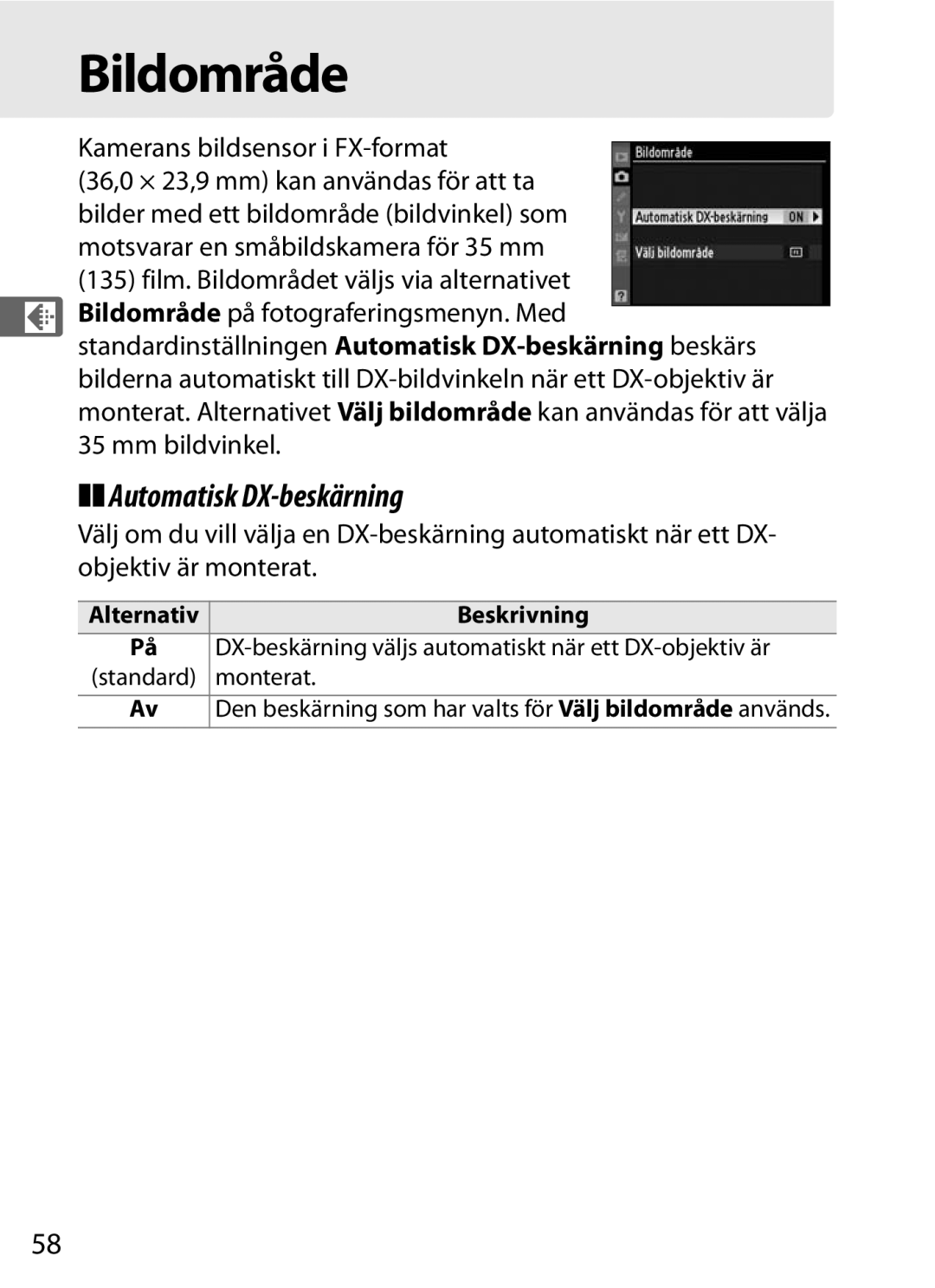 Nikon D700 manual Bildområde, Automatisk DX-beskärning, Mm bildvinkel, Alternativ Beskrivning 