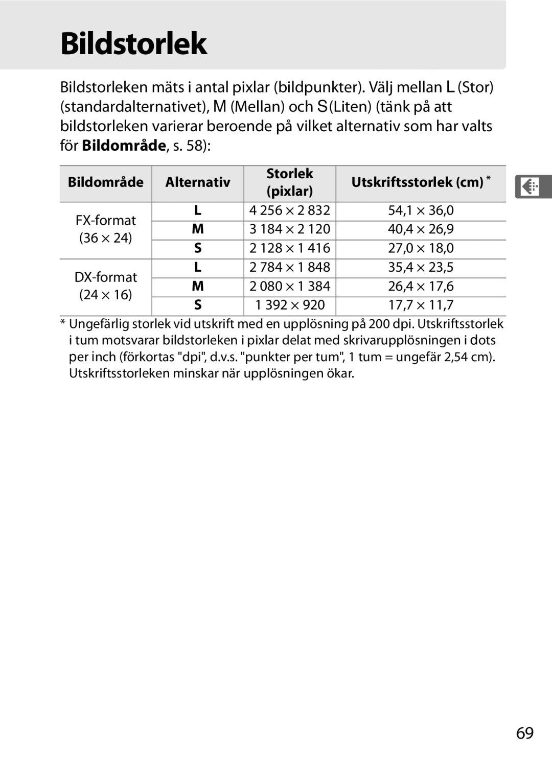 Nikon D700 manual Bildstorlek, Storlek, Pixlar, Alternativ 