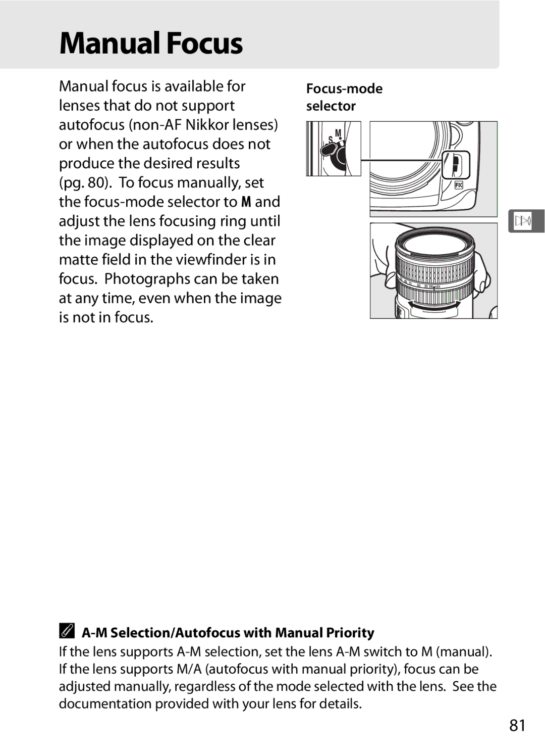 Nikon D700 manual Manual Focus, M Selection/Autofocus with Manual Priority 