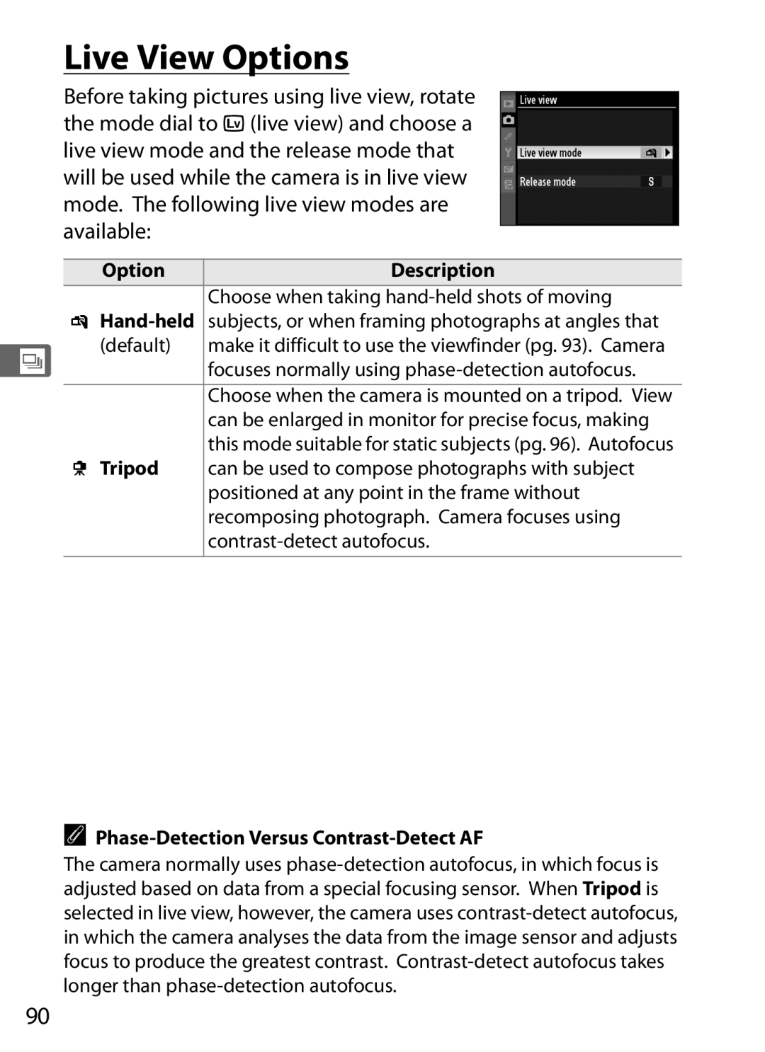 Nikon D700 Live View Options, Focuses normally using phase-detection autofocus, Phase-Detection Versus Contrast-Detect AF 