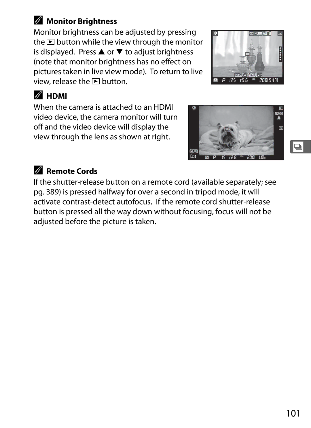 Nikon D700 manual 101, Monitor Brightness, View, release the Kbutton, Remote Cords 