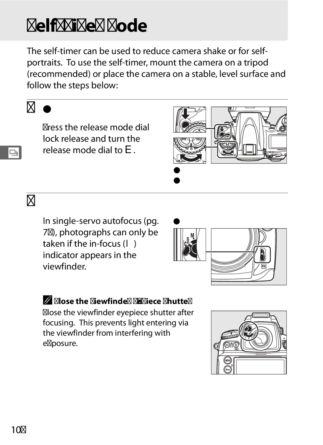 Nikon D700 manual Self-Timer Mode, Select self-timer mode, Frame the photograph and focus, 102 