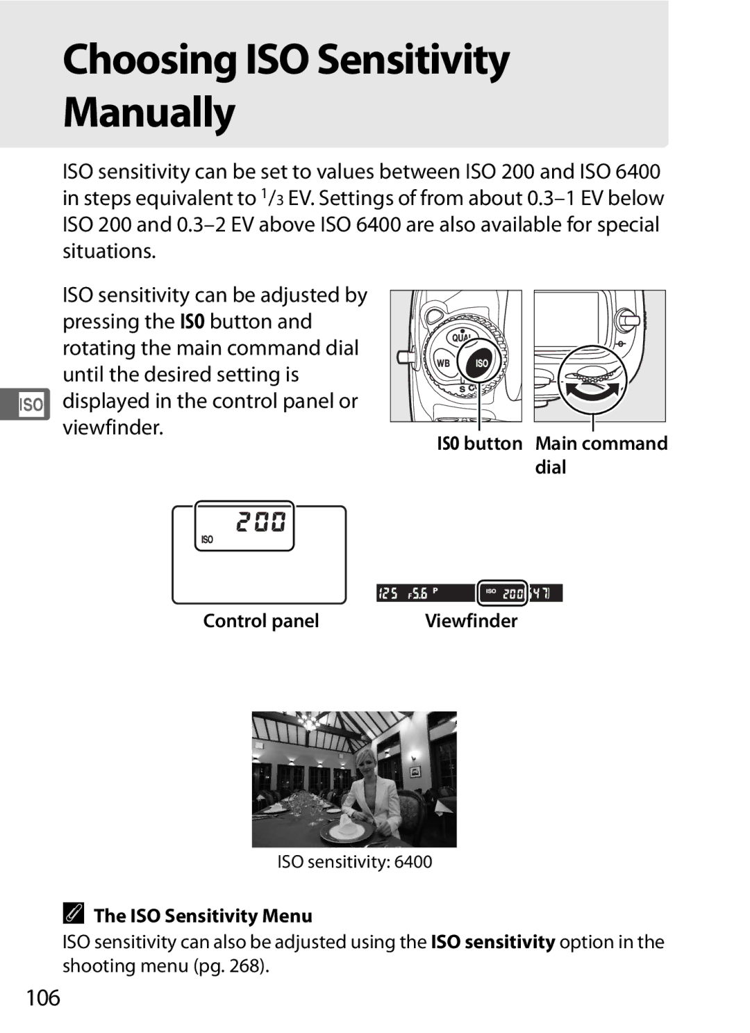 Nikon D700 manual Choosing ISO Sensitivity Manually, 106, ISO button Main command Dial Control panel, ISO Sensitivity Menu 