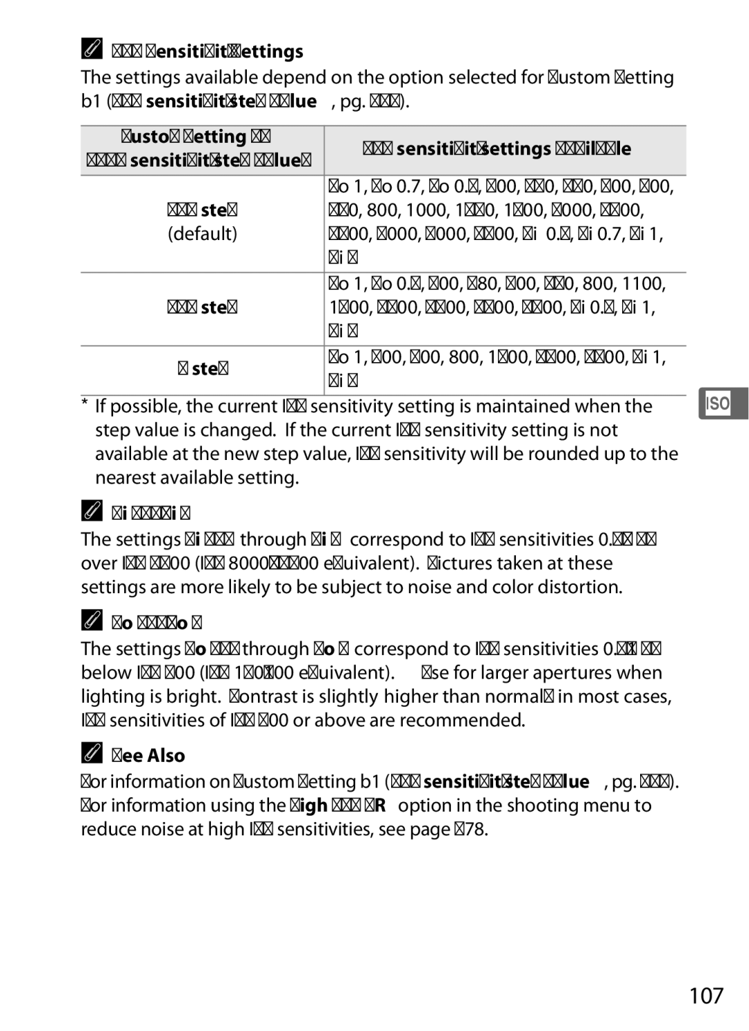 Nikon D700 manual 107, ISO Sensitivity Settings, ISO sensitivity settings available, Hi 0.3-Hi, Lo 0.3-Lo 