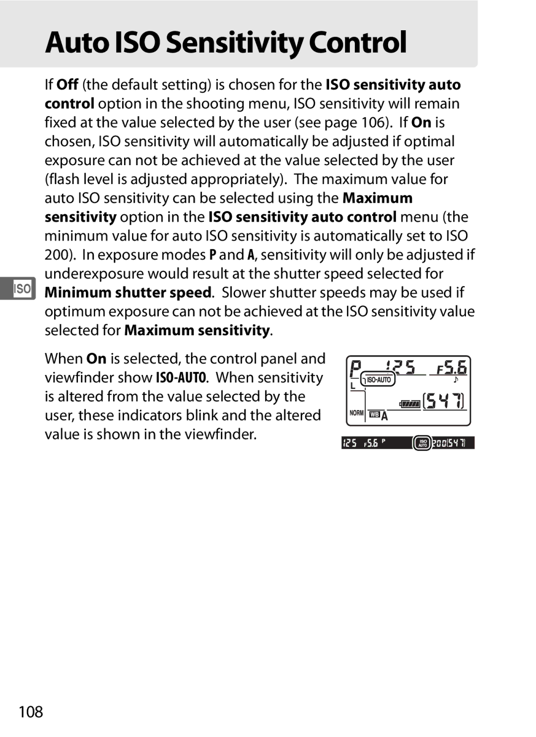 Nikon D700 manual Auto ISO Sensitivity Control, 108 