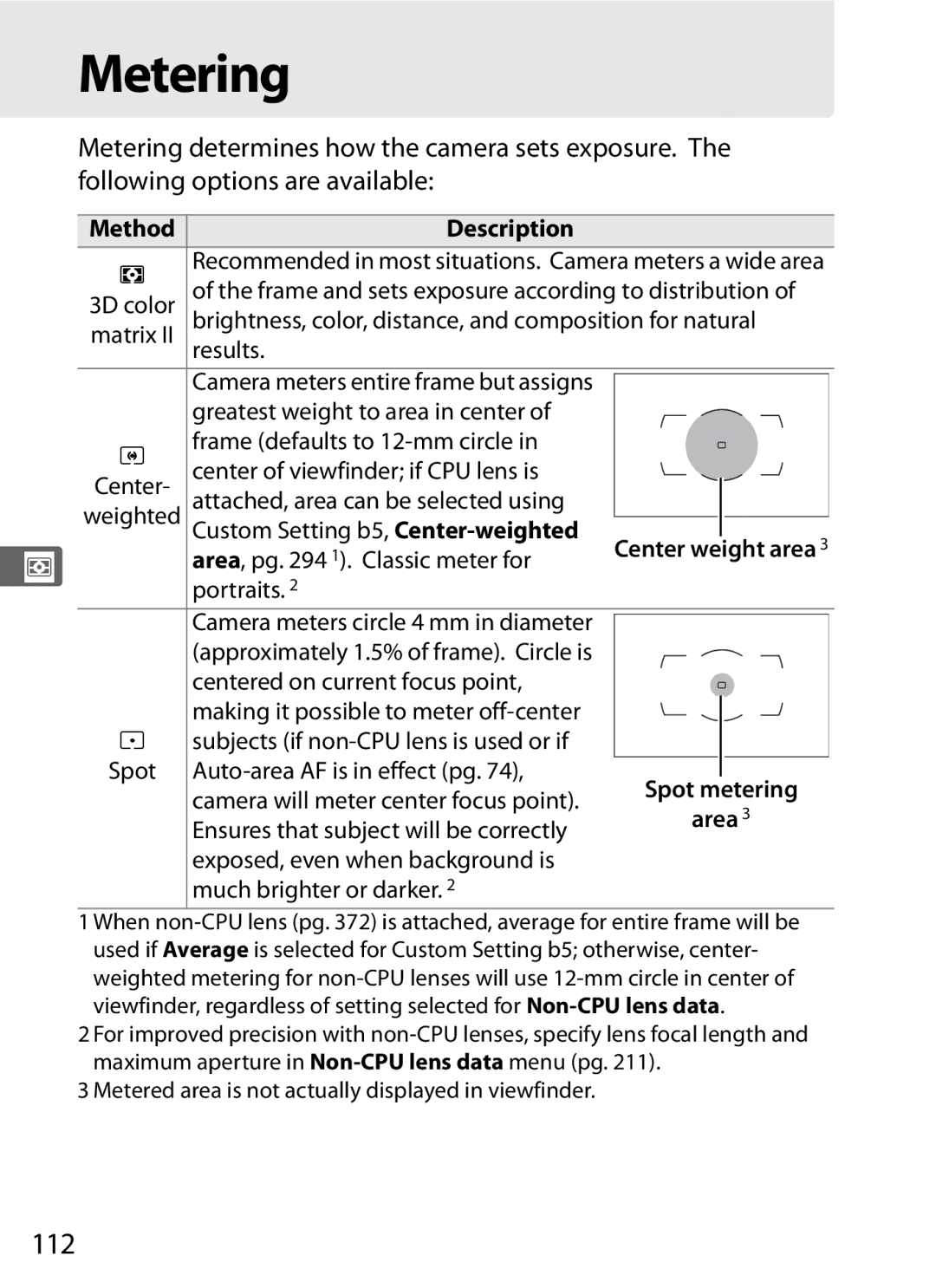 Nikon D700 manual Metering, 112, MethodDescription 