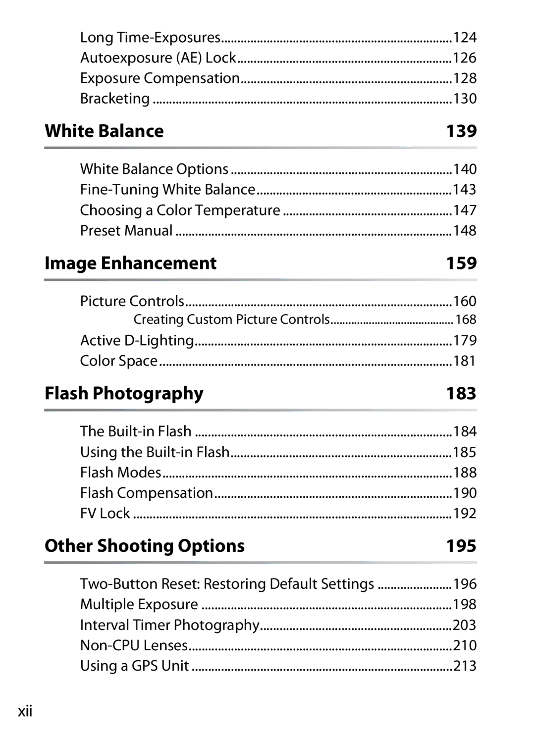 Nikon D700 manual 139, 159, 183, 195, Xii 