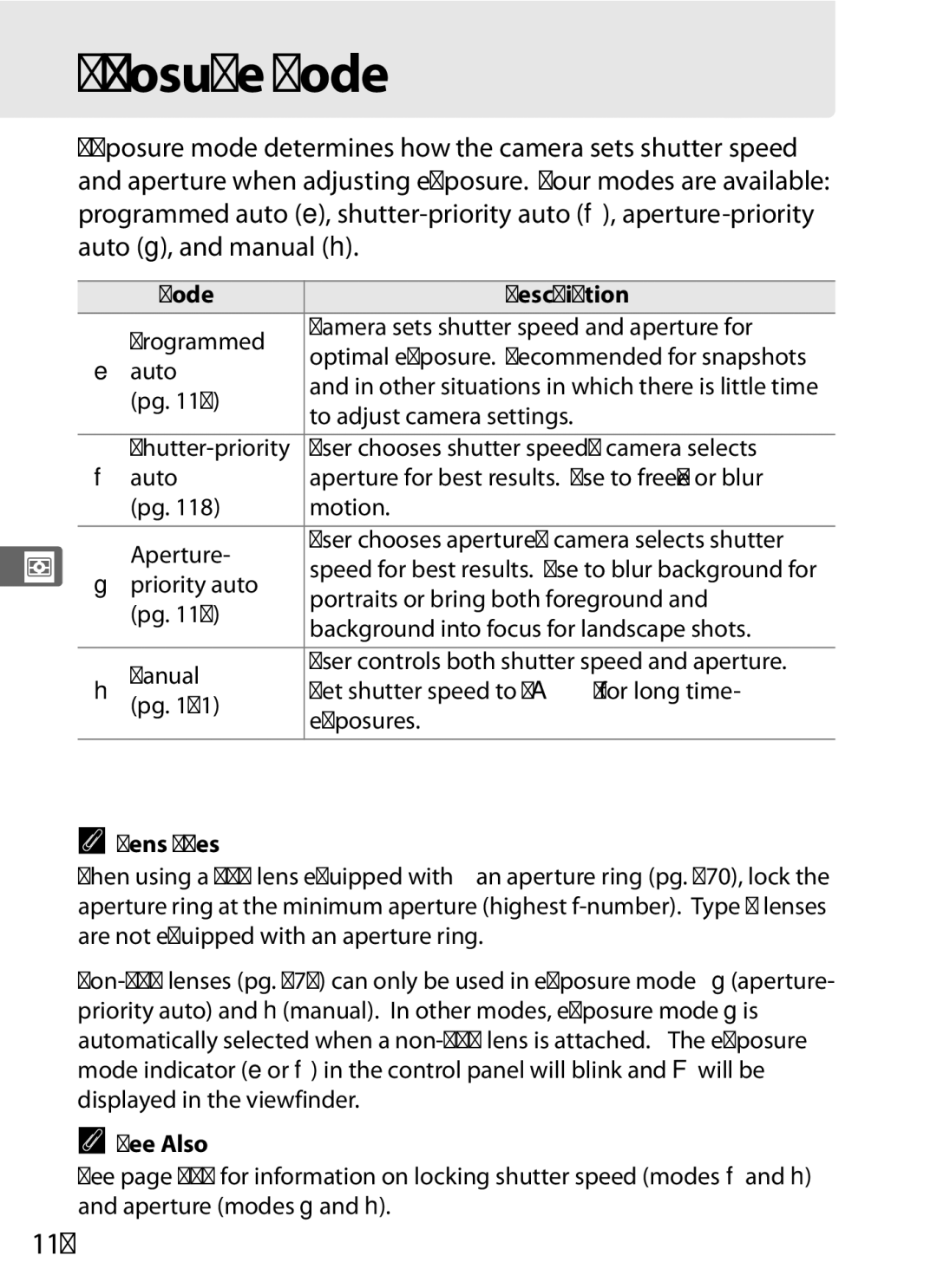 Nikon D700 manual Exposure Mode, 114, Lens Types 