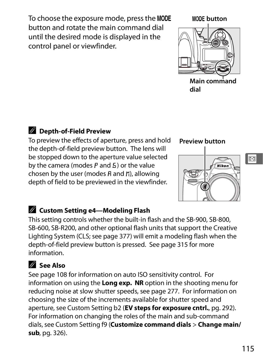 Nikon D700 manual 115, Button Main command dial Depth-of-Field Preview, Preview button Custom Setting e4-Modeling Flash 