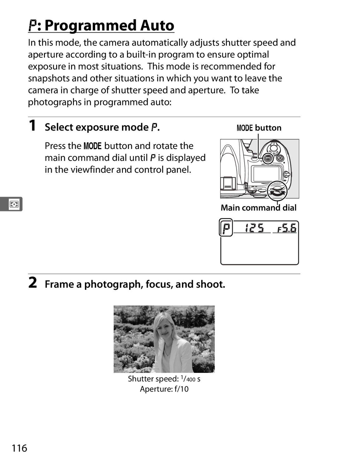 Nikon D700 manual Programmed Auto, Select exposure mode e, 116 