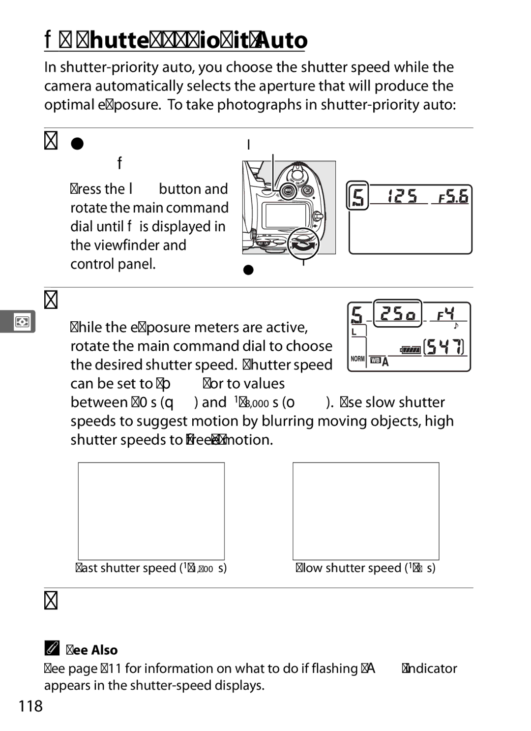 Nikon D700 manual Shutter-Priority Auto, Choose a shutter speed, 118, Button Main command dial 