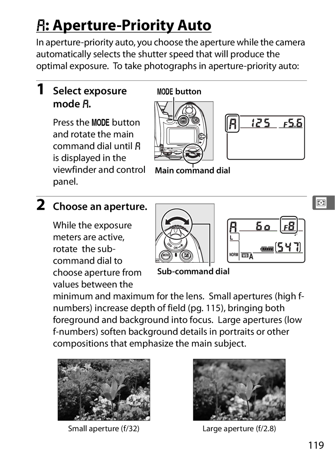 Nikon D700 manual Aperture-Priority Auto, Select exposure, Mode g, Choose an aperture, 119 