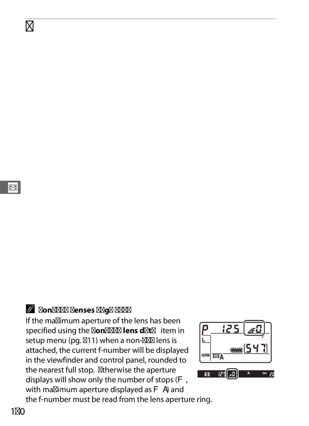 Nikon D700 manual 120, Non-CPU Lenses pg, F-number must be read from the lens aperture ring 