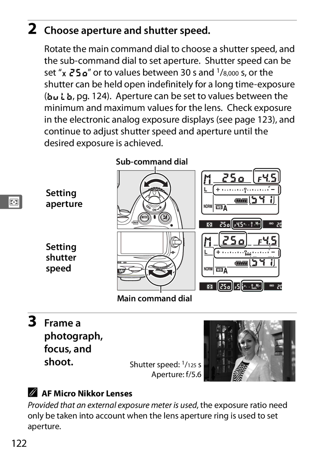 Nikon D700 manual Choose aperture and shutter speed, 122, AF Micro Nikkor Lenses 