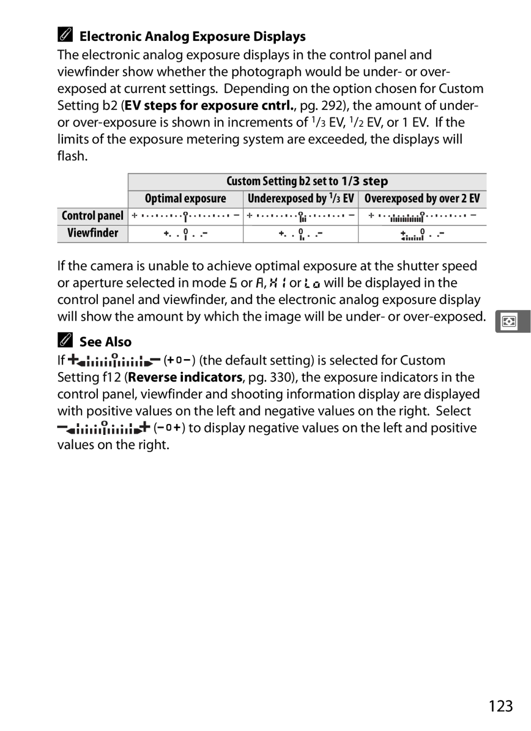 Nikon D700 manual 123, Electronic Analog Exposure Displays, Custom Setting b2 set to 1/3 step 