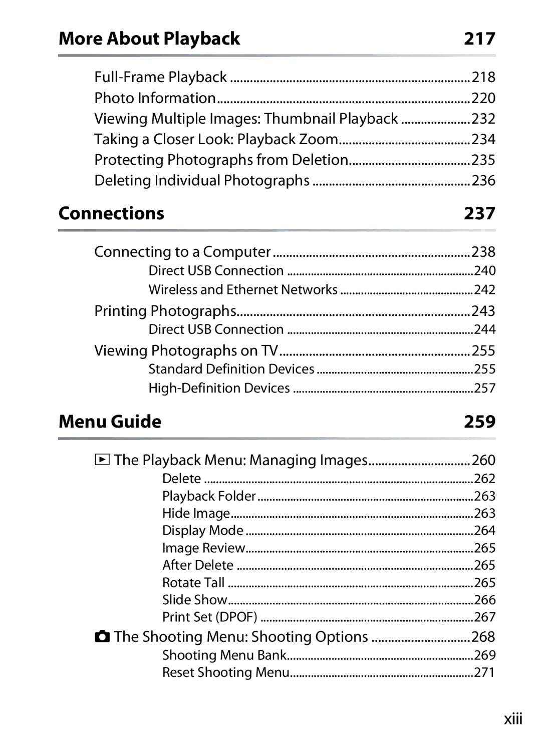 Nikon D700 manual Connections 237, Menu Guide 259, 217, Xiii 