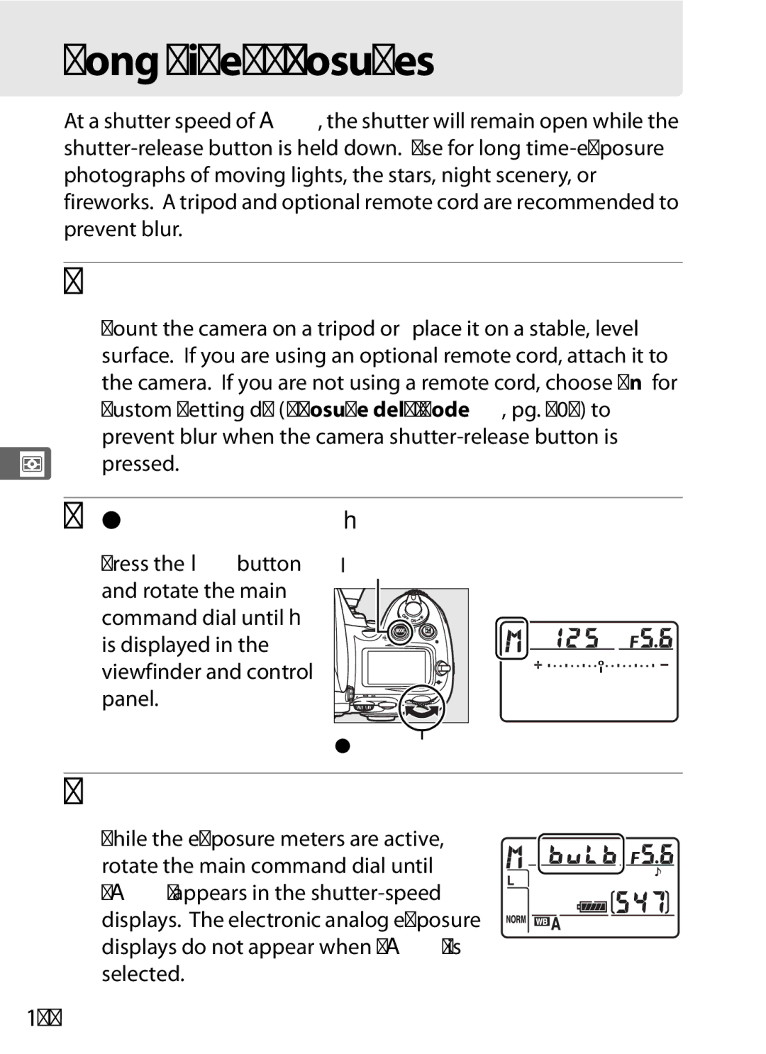 Nikon D700 manual Long Time-Exposures, Select exposure mode h, 124 