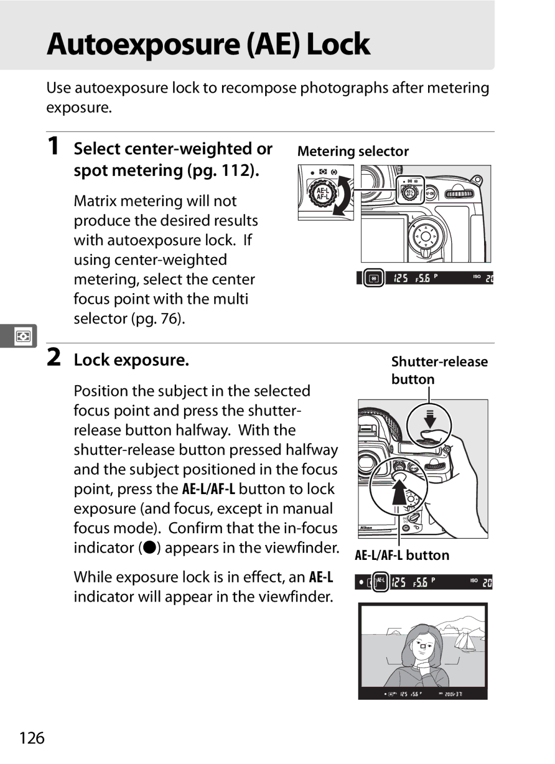 Nikon D700 manual Autoexposure AE Lock, Lock exposure, 126 