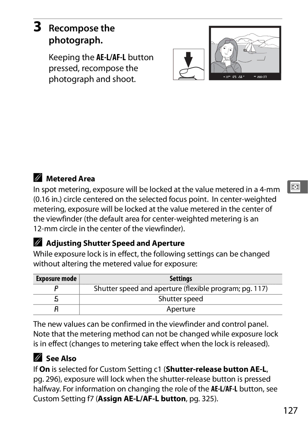 Nikon D700 manual 127, Metered Area, Adjusting Shutter Speed and Aperture 