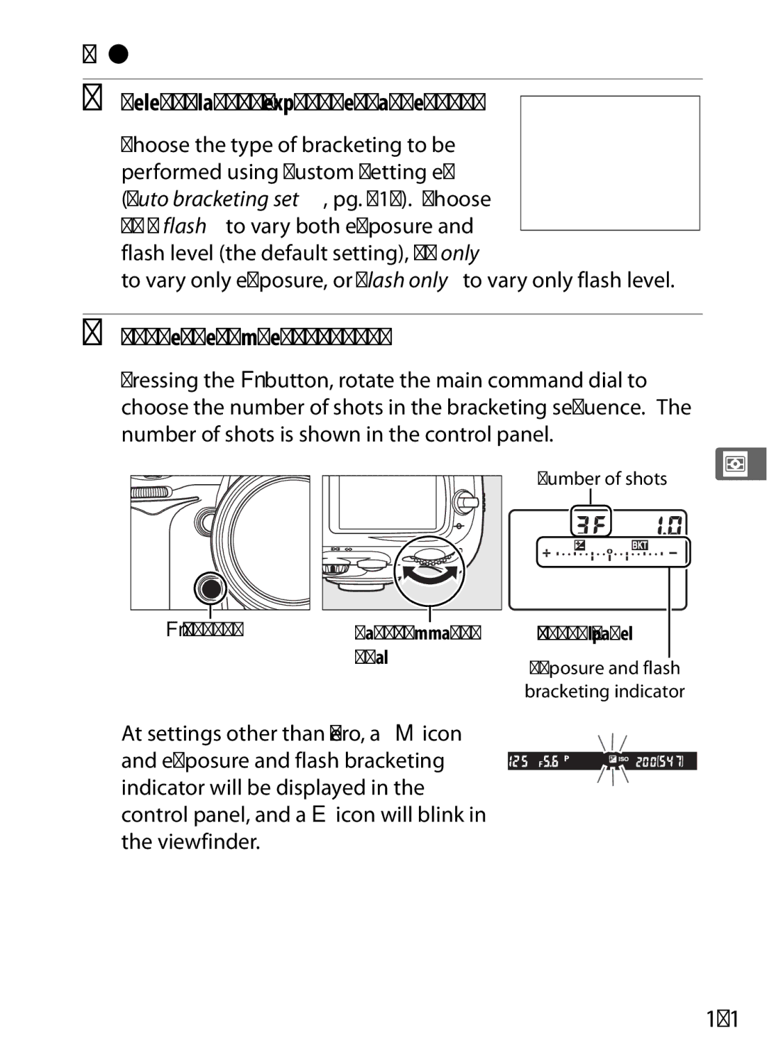 Nikon D700 manual Exposure and Flash Bracketing, Select flash or exposure bracketing, Choose the number of shots, 131 