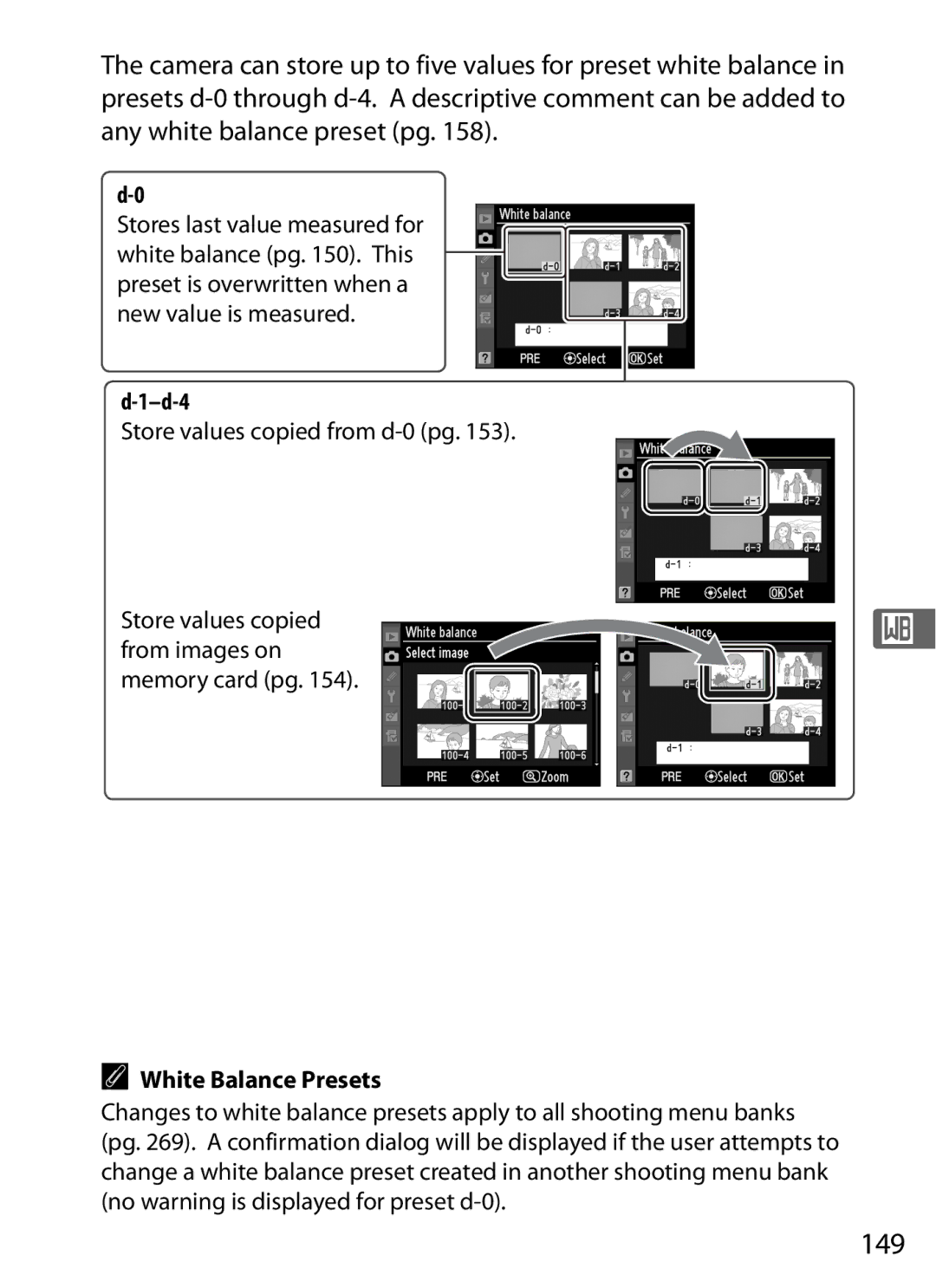 Nikon D700 manual 149, D-4, Store values copied from d-0 pg, White Balance Presets 