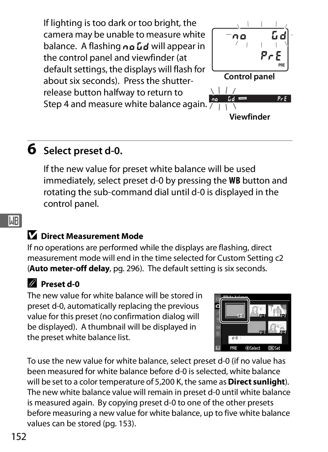 Nikon D700 manual Select preset d-0, 152, Direct Measurement Mode, Preset d-0 