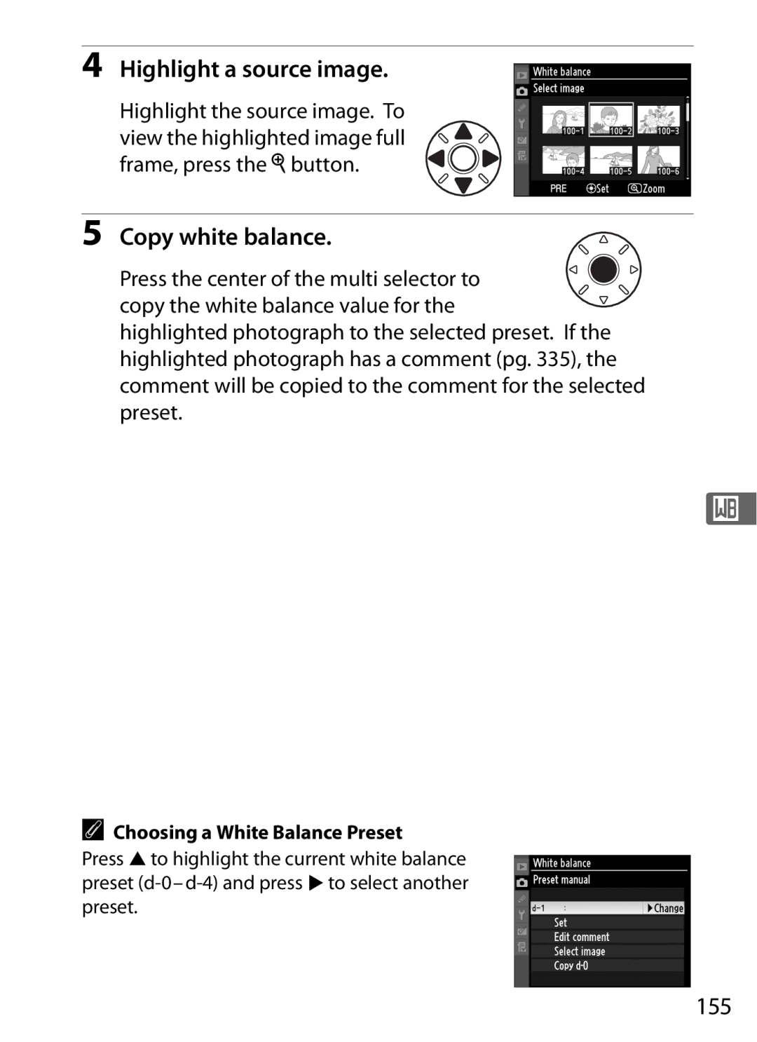 Nikon D700 manual Highlight a source image, Copy white balance, 155, Choosing a White Balance Preset 